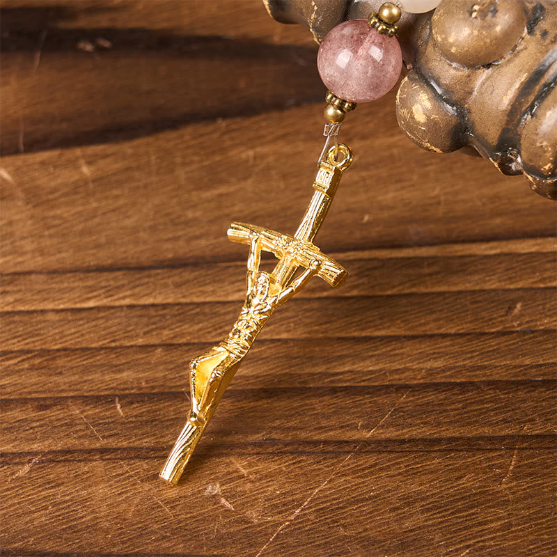 Christianartworkshop Rosenkranz „Unsere Liebe Frau und Kruzifix“ aus 8 mm handgefertigtem rosa Aventurin und Erdbeerquarz