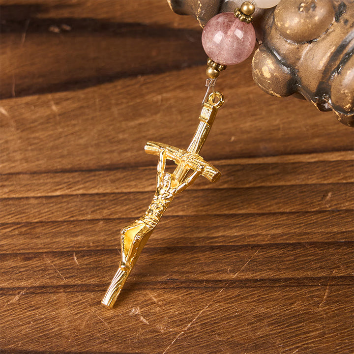 Christianartworkshop Rosenkranz „Unsere Liebe Frau und Kruzifix“ aus 8 mm handgefertigtem rosa Aventurin und Erdbeerquarz
