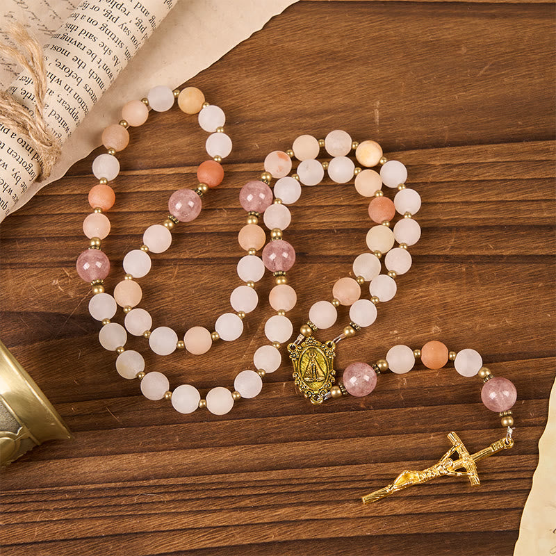 Christianartworkshop Rosenkranz „Unsere Liebe Frau und Kruzifix“ aus 8 mm handgefertigtem rosa Aventurin und Erdbeerquarz