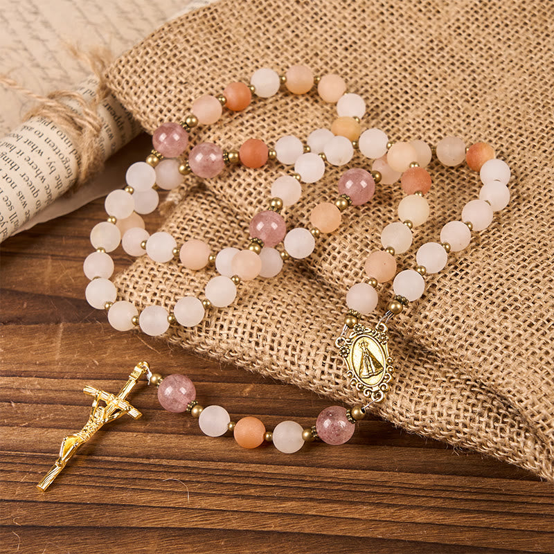 Christianartworkshop Rosenkranz „Unsere Liebe Frau und Kruzifix“ aus 8 mm handgefertigtem rosa Aventurin und Erdbeerquarz