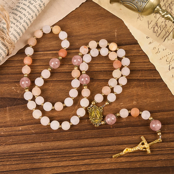 Christianartworkshop Rosenkranz „Unsere Liebe Frau und Kruzifix“ aus 8 mm handgefertigtem rosa Aventurin und Erdbeerquarz