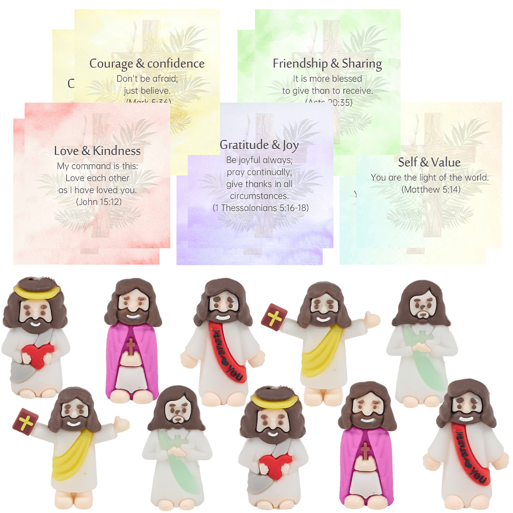 Christianartworkshop 5/10/20/30 Bibelverskarten mit Mini-Jesus-Figuren und interaktiven Fragen: Inspirieren und bilden