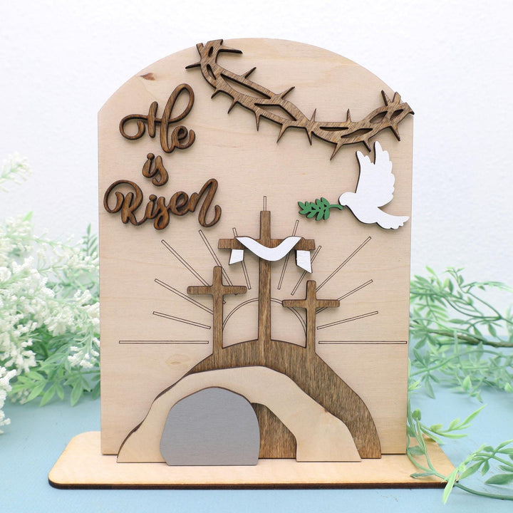 Christianartworkshop Oster-Ikonen-Set „Auferstandene Hoffnung“: Dekoratives Holzdisplay mit Kreuz- und Grabmotiven