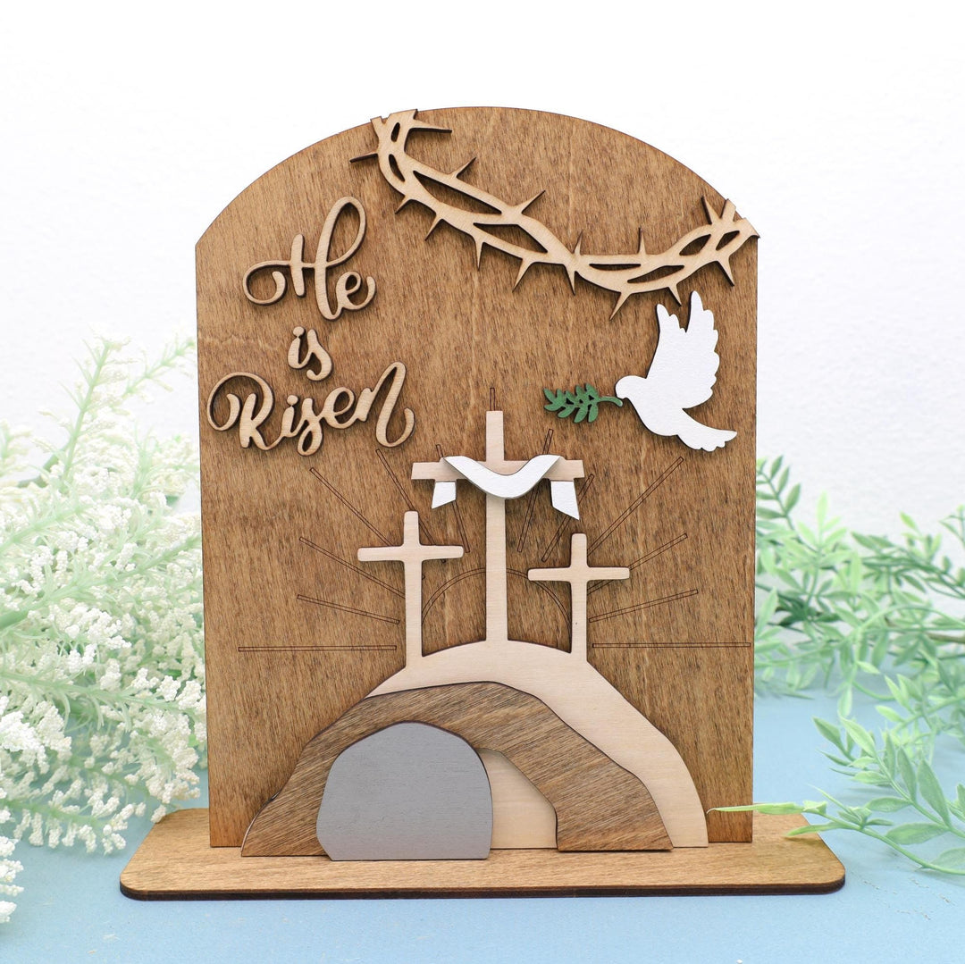 Christianartworkshop Oster-Ikonen-Set „Auferstandene Hoffnung“: Dekoratives Holzdisplay mit Kreuz- und Grabmotiven