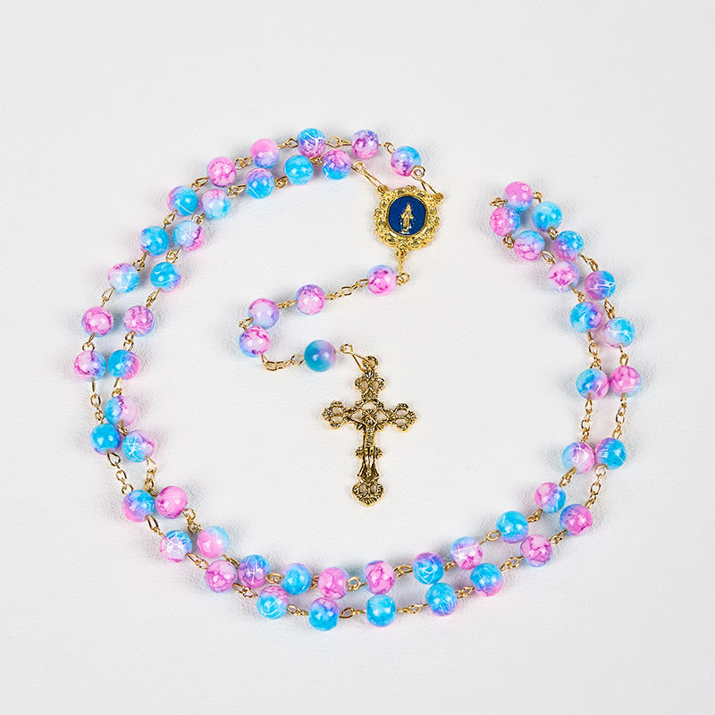 Christianartworkshop Divine Harmony Handgefertigter Blumenrosenkranz: Wundertätige Medaille und Kruzifix, 8 mm, Blau und Lila