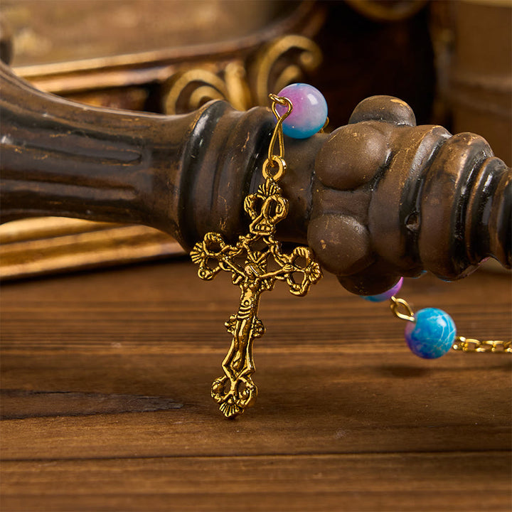 Christianartworkshop Divine Harmony Handgefertigter Blumenrosenkranz: Wundertätige Medaille und Kruzifix, 8 mm, Blau und Lila