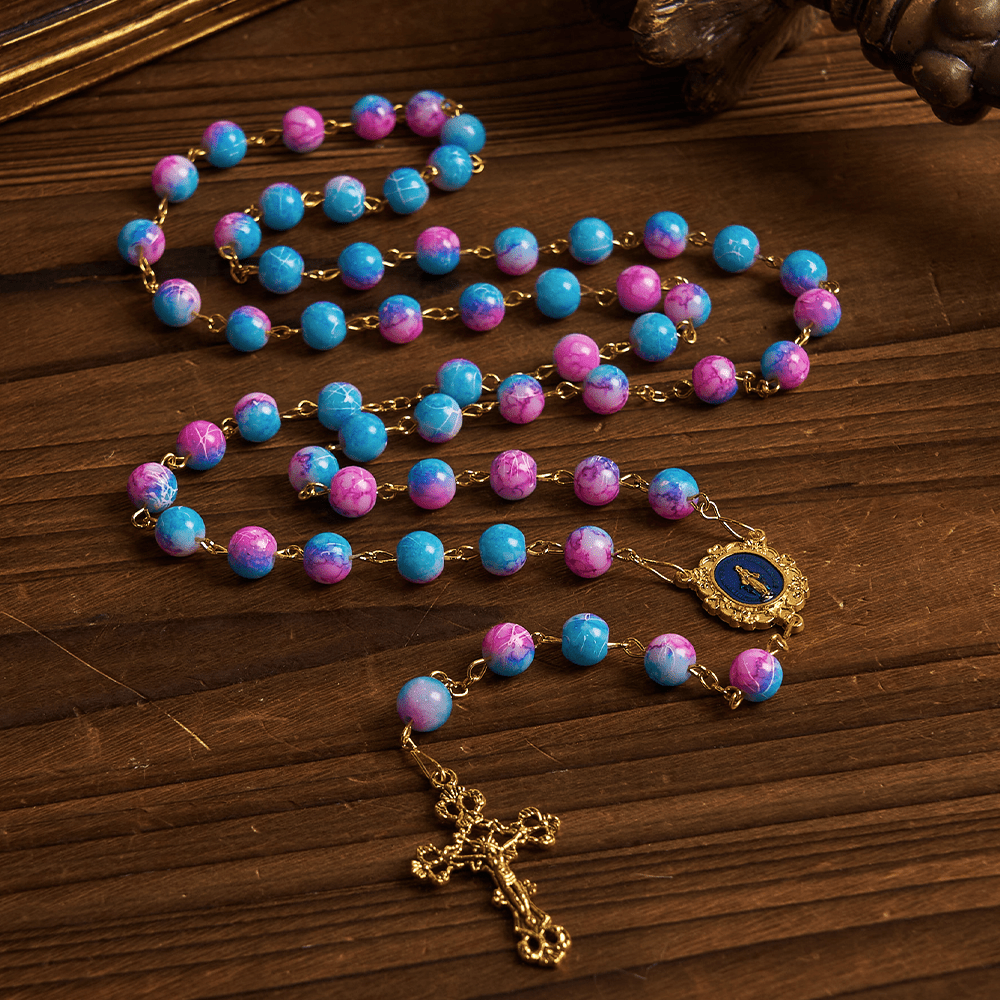 Christianartworkshop Divine Harmony Handgefertigter Blumenrosenkranz: Wundertätige Medaille und Kruzifix, 8 mm, Blau und Lila
