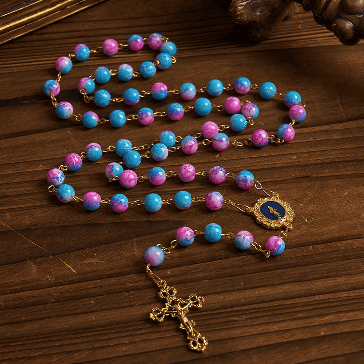 Christianartworkshop Divine Harmony Handgefertigter Blumenrosenkranz: Wundertätige Medaille und Kruzifix, 8 mm, Blau und Lila