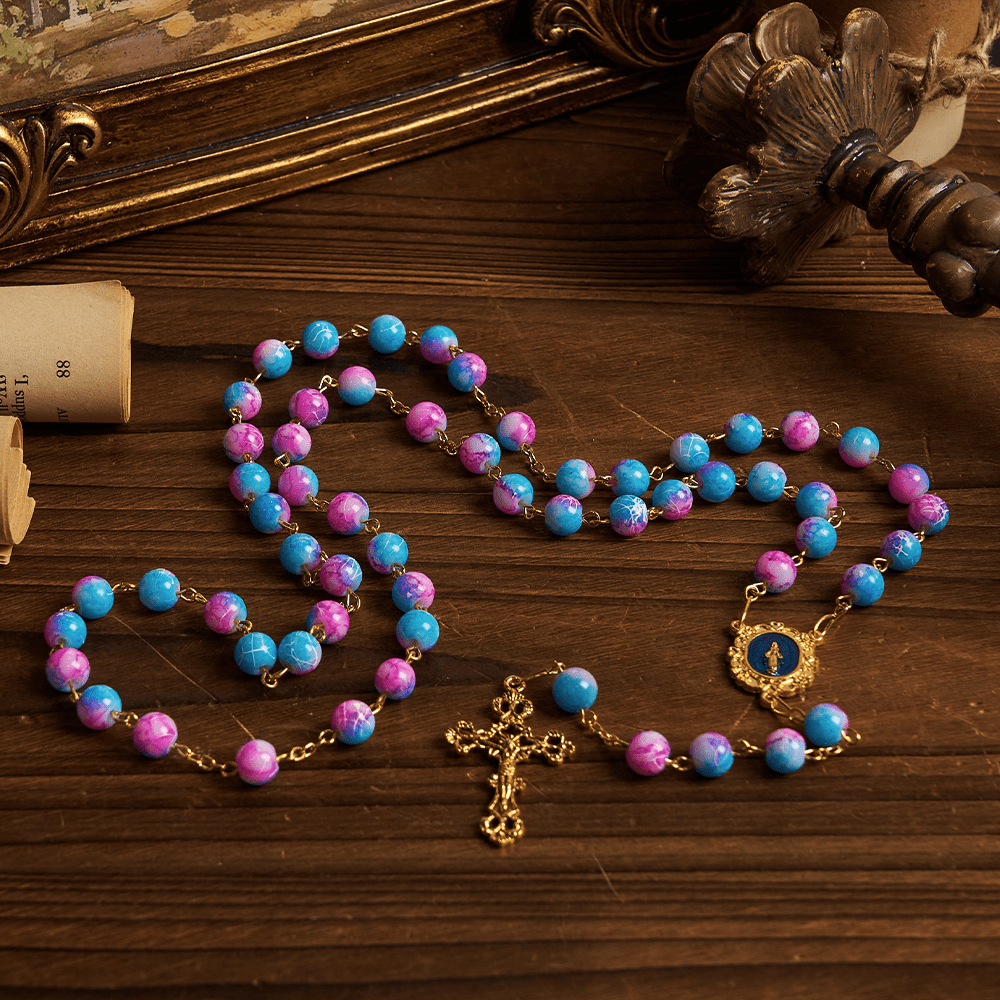 Christianartworkshop Divine Harmony Handgefertigter Blumenrosenkranz: Wundertätige Medaille und Kruzifix, 8 mm, Blau und Lila