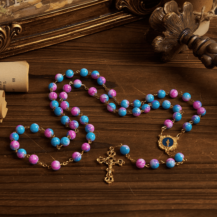 Christianartworkshop Divine Harmony Handgefertigter Blumenrosenkranz: Wundertätige Medaille und Kruzifix, 8 mm, Blau und Lila
