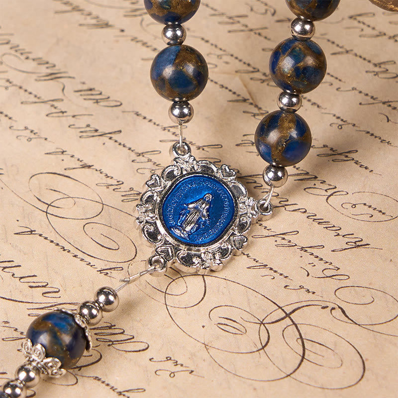 Christianartworkshop Rosenkranz mit Jungfrau Maria und blauem Kruzifix aus 8 mm blauen und goldenen Steinperlen