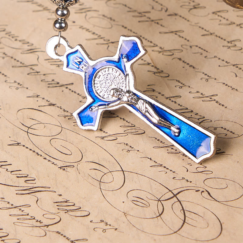 Christianartworkshop Rosenkranz mit Jungfrau Maria und blauem Kruzifix aus 8 mm blauen und goldenen Steinperlen