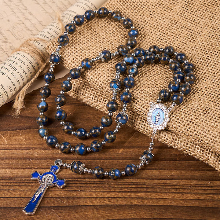 Christianartworkshop Rosenkranz mit Jungfrau Maria und blauem Kruzifix aus 8 mm blauen und goldenen Steinperlen