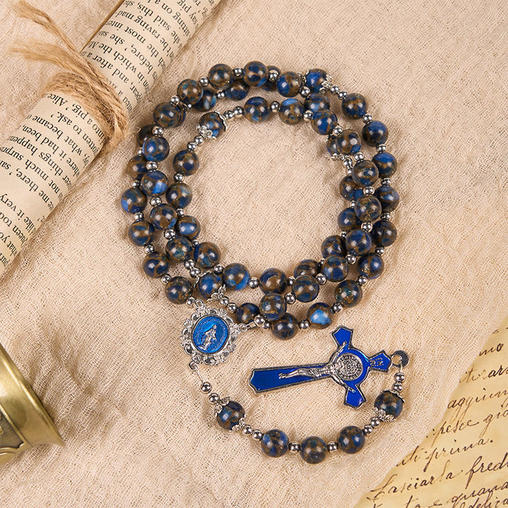 Christianartworkshop Rosenkranz mit Jungfrau Maria und blauem Kruzifix aus 8 mm blauen und goldenen Steinperlen