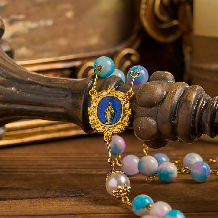 Christianartworkshop Celestial Grace Floral Handgefertigter Rosenkranz Wundertätige Medaille & Kruzifix 8 mm Blau & Lila: Finden Sie Frieden und göttliche Verbindung