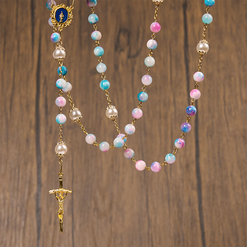 Christianartworkshop Celestial Grace Floral Handgefertigter Rosenkranz Wundertätige Medaille & Kruzifix 8 mm Blau & Lila: Finden Sie Frieden und göttliche Verbindung