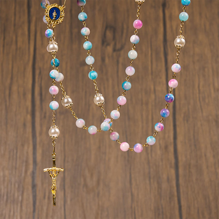 Christianartworkshop Celestial Grace Floral Handgefertigter Rosenkranz Wundertätige Medaille & Kruzifix 8 mm Blau & Lila: Finden Sie Frieden und göttliche Verbindung