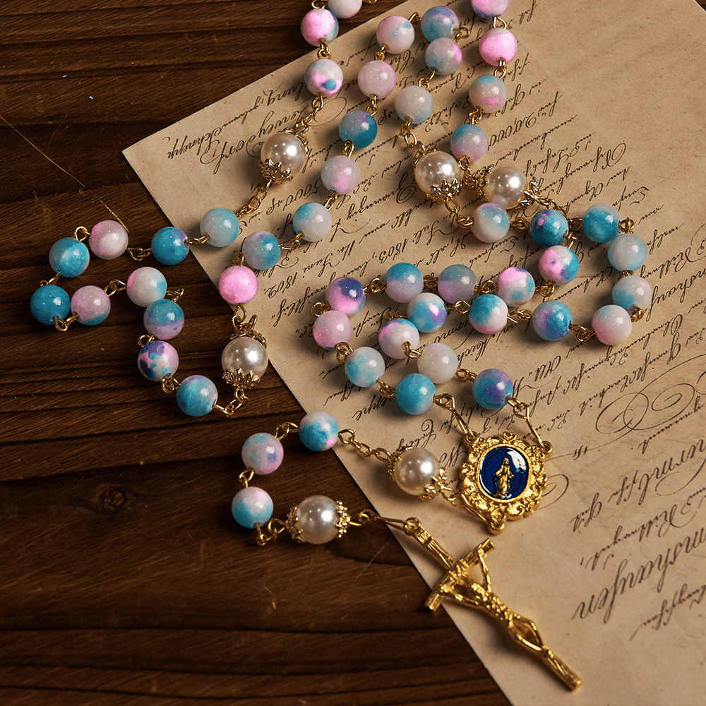 Christianartworkshop Celestial Grace Floral Handgefertigter Rosenkranz Wundertätige Medaille & Kruzifix 8 mm Blau & Lila: Finden Sie Frieden und göttliche Verbindung - Wundertätige Medaille & Kruzifix - image 0