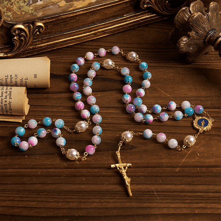 Christianartworkshop Celestial Grace Floral Handgefertigter Rosenkranz Wundertätige Medaille & Kruzifix 8 mm Blau & Lila: Finden Sie Frieden und göttliche Verbindung