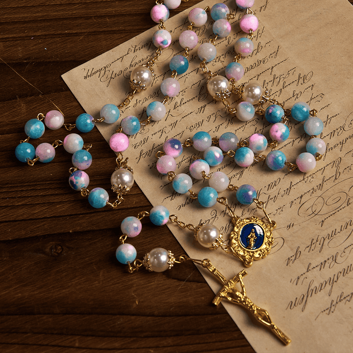 Christianartworkshop Celestial Grace Floral Handgefertigter Rosenkranz Wundertätige Medaille & Kruzifix 8 mm Blau & Lila: Finden Sie Frieden und göttliche Verbindung