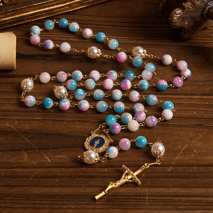Christianartworkshop Celestial Grace Floral Handgefertigter Rosenkranz Wundertätige Medaille & Kruzifix 8 mm Blau & Lila: Finden Sie Frieden und göttliche Verbindung