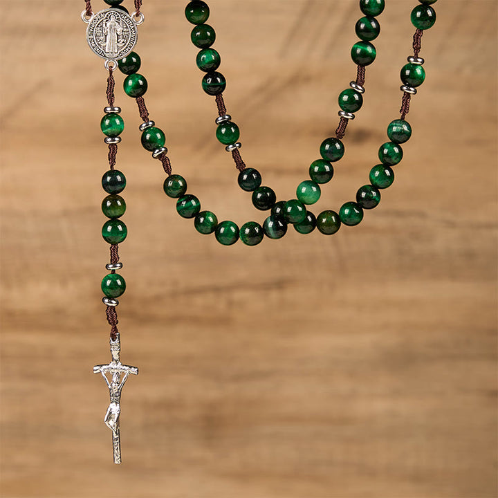 Christianartworkshop St. Benedikt-Medaille und Kruzifix aus 8 mm grünem Tigerauge-Rosenkranz – Entdecken Sie Ruhe und spirituelle Stärke