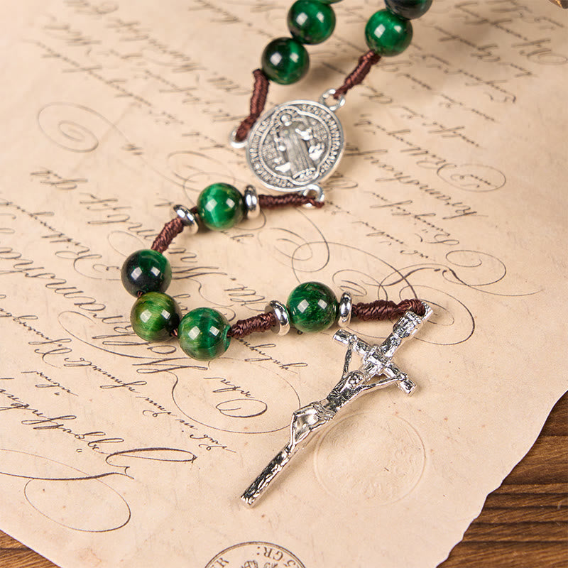 Christianartworkshop St. Benedikt-Medaille und Kruzifix aus 8 mm grünem Tigerauge-Rosenkranz – Entdecken Sie Ruhe und spirituelle Stärke