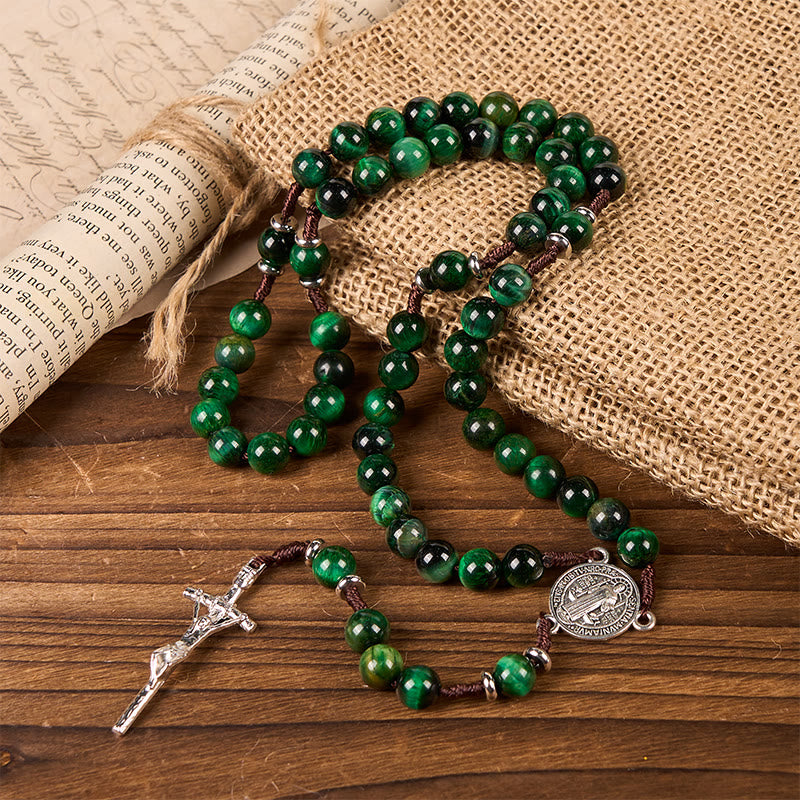 Christianartworkshop St. Benedikt-Medaille und Kruzifix aus 8 mm grünem Tigerauge-Rosenkranz – Entdecken Sie Ruhe und spirituelle Stärke