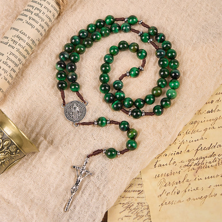 Christianartworkshop St. Benedikt-Medaille und Kruzifix aus 8 mm grünem Tigerauge-Rosenkranz – Entdecken Sie Ruhe und spirituelle Stärke