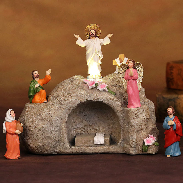 Christianartworkshop Auferstehungsszene mit Jesus, Engeln und Jüngern – beleuchtetes Oster-Krippen-Ornament
