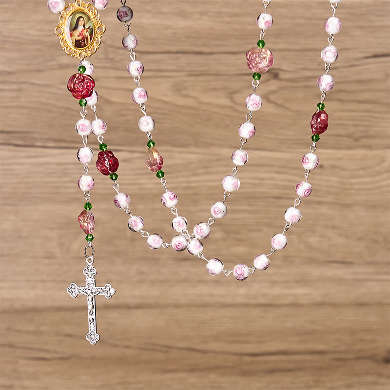 Christianartworkshop GEBETSVOLLER GLAUBE: Handgefertigter Rosenkranz mit floraler Eleganz aus Rosen und Elfenbein mit Geschenkkarte - image 11