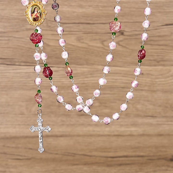 Christianartworkshop GEBETSVOLLER GLAUBE: Handgefertigter Rosenkranz mit floraler Eleganz aus Rosen und Elfenbein mit Geschenkkarte - image 11