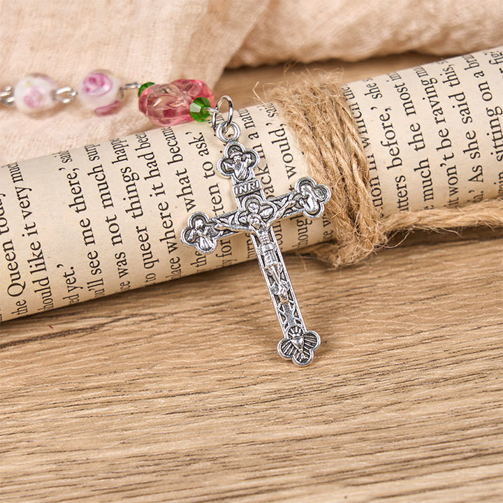 Christianartworkshop GEBETSVOLLER GLAUBE: Handgefertigter Rosenkranz mit floraler Eleganz aus Rosen und Elfenbein mit Geschenkkarte - image 9