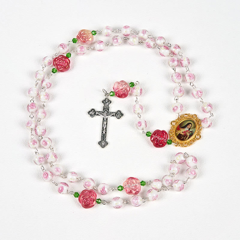 Christianartworkshop GEBETSVOLLER GLAUBE: Handgefertigter Rosenkranz mit floraler Eleganz aus Rosen und Elfenbein mit Geschenkkarte - image 11