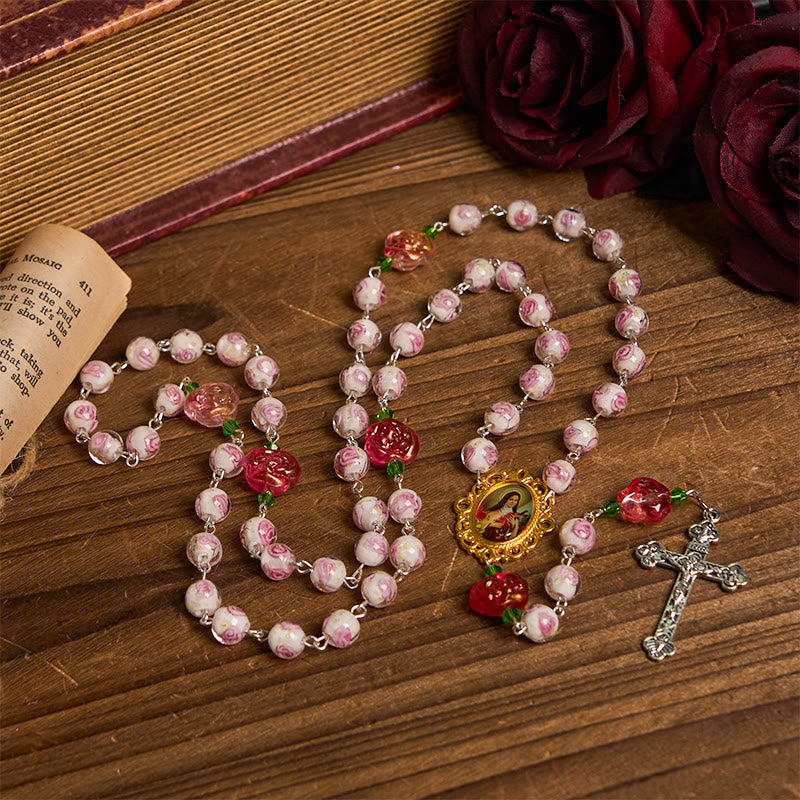 Christianartworkshop GEBETSVOLLER GLAUBE: Handgefertigter Rosenkranz mit floraler Eleganz aus Rosen und Elfenbein mit Geschenkkarte - image 5