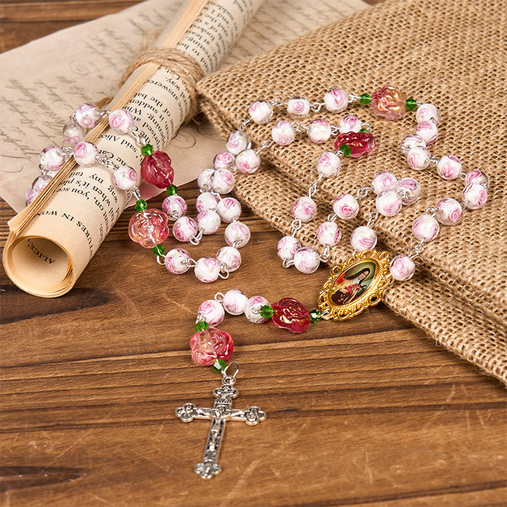 Christianartworkshop GEBETSVOLLER GLAUBE: Handgefertigter Rosenkranz mit floraler Eleganz aus Rosen und Elfenbein mit Geschenkkarte - image 6