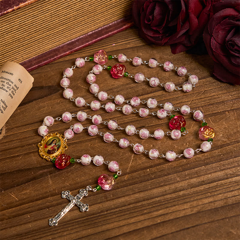Christianartworkshop GEBETSVOLLER GLAUBE: Handgefertigter Rosenkranz mit floraler Eleganz aus Rosen und Elfenbein mit Geschenkkarte - image 3