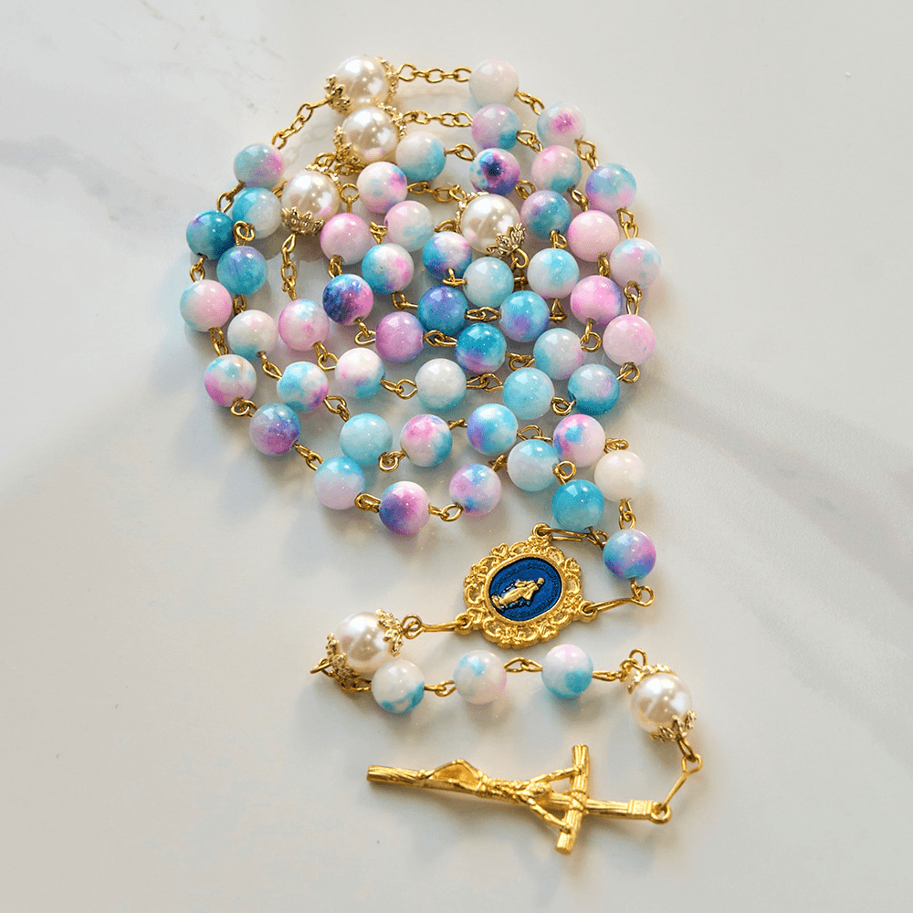 Christianartworkshop Celestial Grace Floral Handgefertigter Rosenkranz Wundertätige Medaille & Kruzifix 8 mm Blau & Lila: Finden Sie Frieden und göttliche Verbindung