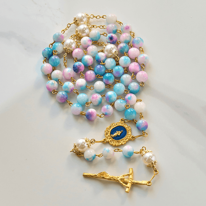 Christianartworkshop Celestial Grace Floral Handgefertigter Rosenkranz Wundertätige Medaille & Kruzifix 8 mm Blau & Lila: Finden Sie Frieden und göttliche Verbindung