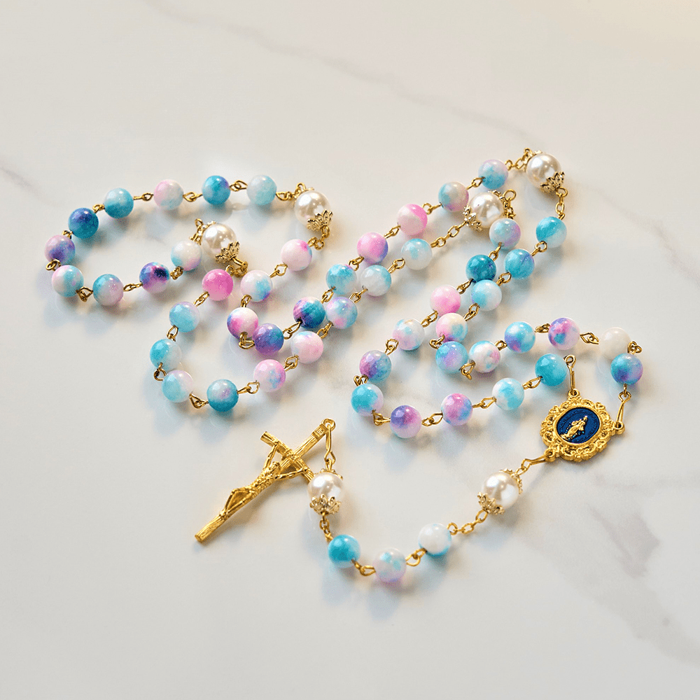 Christianartworkshop Celestial Grace Floral Handgefertigter Rosenkranz Wundertätige Medaille & Kruzifix 8 mm Blau & Lila: Finden Sie Frieden und göttliche Verbindung