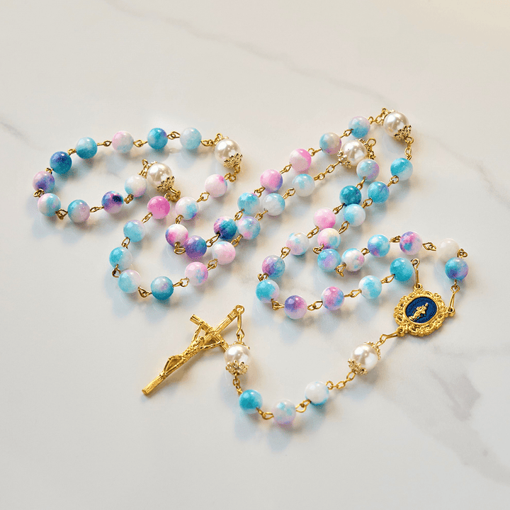 Christianartworkshop Celestial Grace Floral Handgefertigter Rosenkranz Wundertätige Medaille & Kruzifix 8 mm Blau & Lila: Finden Sie Frieden und göttliche Verbindung