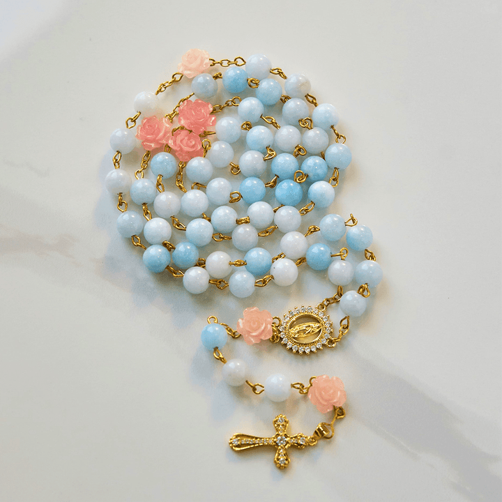 Christianartworkshop Rosenkranz mit Unsere Liebe Frau von Guadalupe und Kruzifix aus 8 mm handgefertigten blauen Aquamarin-Chalcedon-Perlen - image 11