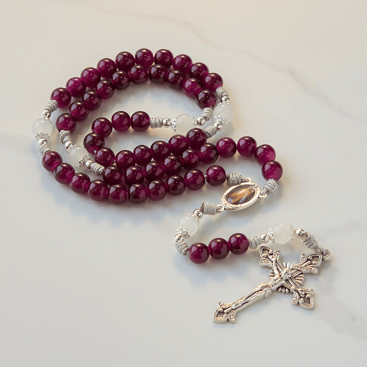 Christianartworkshop Rosenkranz mit Göttlicher Barmherzigkeit und Kruzifix aus 8 mm Granat-Chalcedon – handgefertigte göttliche Perlen