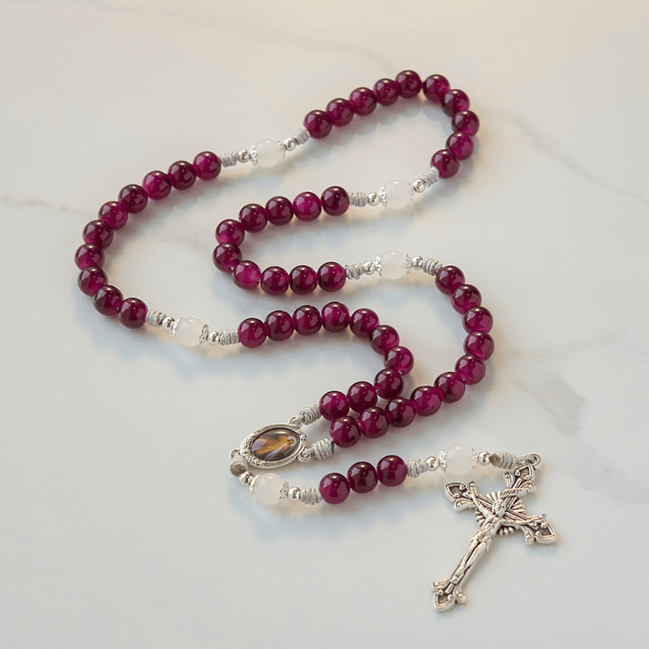 Christianartworkshop Rosenkranz mit Göttlicher Barmherzigkeit und Kruzifix aus 8 mm Granat-Chalcedon – handgefertigte göttliche Perlen