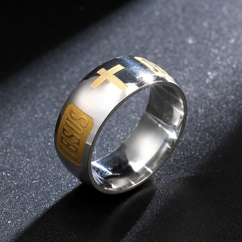 Christianartworkshop Zweifarbiger goldener Ring mit Jesus- und Kreuzsymbol, gesegnet - Silber-Gold - US 10 - image 2