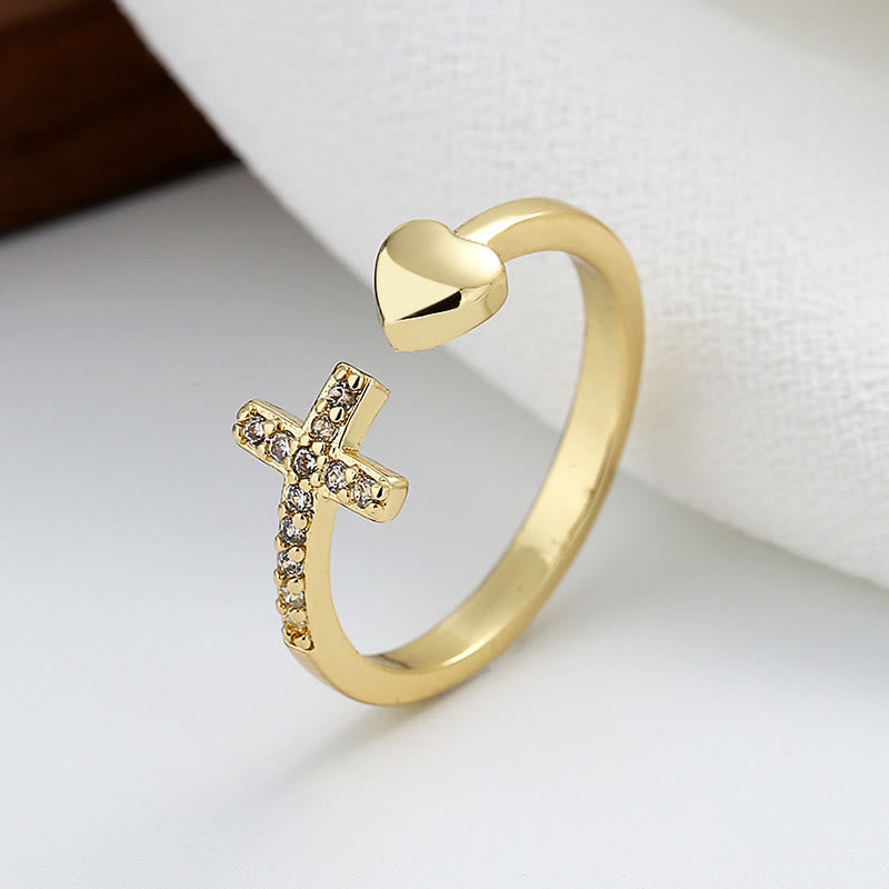 Christianartworkshop 3-farbiger, gesegneter minimalistischer verstellbarer Ring mit Herz- und Kreuzsymbol