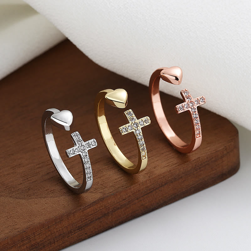 Christianartworkshop 3-farbiger, gesegneter minimalistischer verstellbarer Ring mit Herz- und Kreuzsymbol