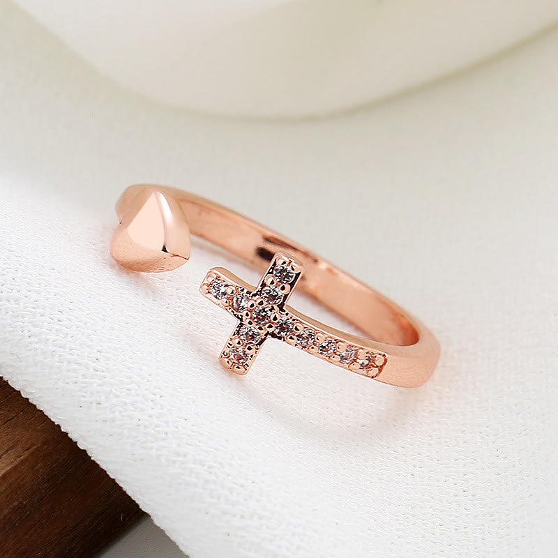 Christianartworkshop 3-farbiger Ring mit Herz- und Kreuzsymbol, minimalistisch, verstellbar - Roségold (Geeignet für US-Größen 6-9) - image 3
