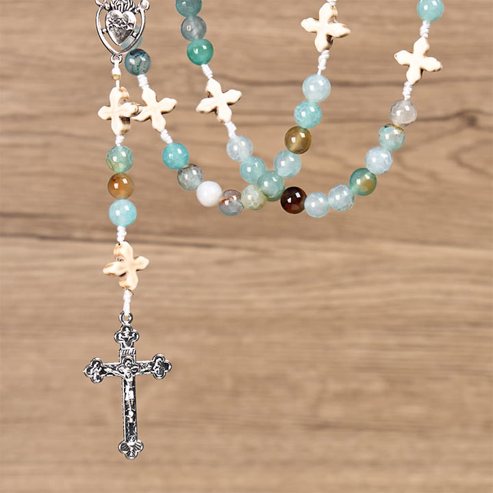 Christianartworkshop Rosenkranz „Gelassenheit im Gebet“: Handgefertigter Frieden und Hingabe mit 8 mm himmelblauen Achatperlen