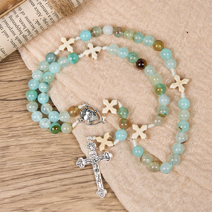 Christianartworkshop Rosenkranz „Gelassenheit im Gebet“: Handgefertigter Frieden und Hingabe mit 8 mm himmelblauen Achatperlen